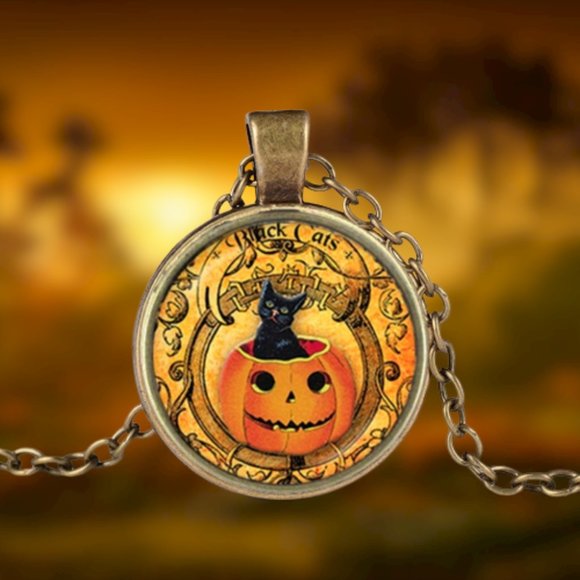 Black Cat / Pumpkin / Fall / Halloween / Pendant Necklace - Picture 2 of 11
